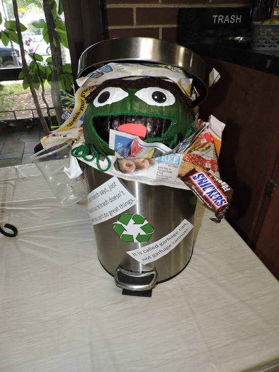 Pumpkin decorated as Oscar the Grouch