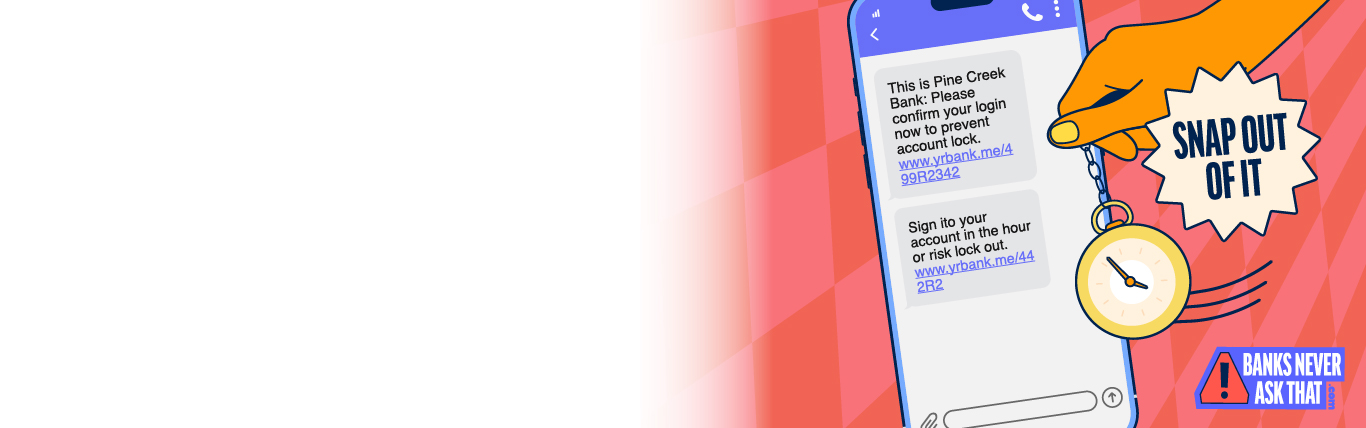 illustration of a phone getting a scam text with a hand holding a swinging pocket watch in front of the phone