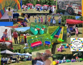 Collage of activities and people from previous picnic at the park events