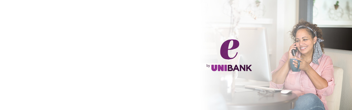 e by UniBank logo with woman sitting at a computer